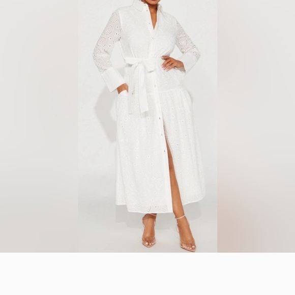 White Eyelet Button-Up Dress With Tie Belt B - Picture 3 of 11